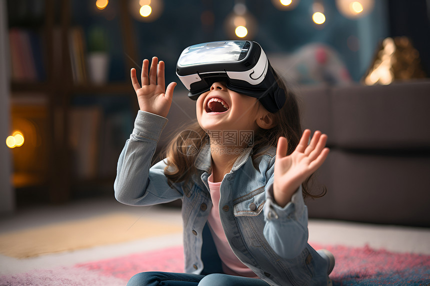 体验虚拟现实游戏技术的小女孩图片