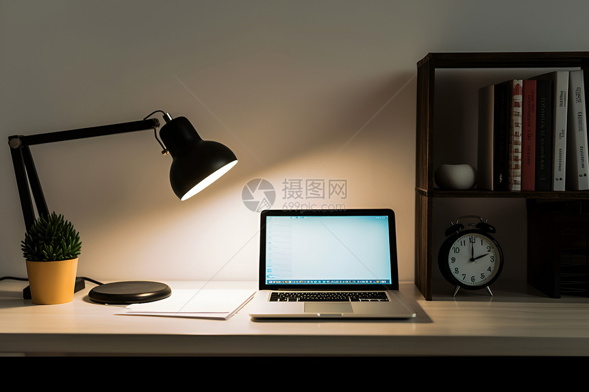 桌子上的电脑和台灯图片