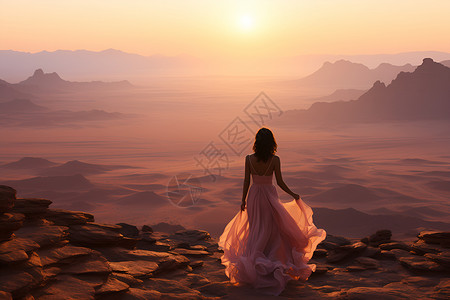 沙漠女人沙漠山脉上的女性背景