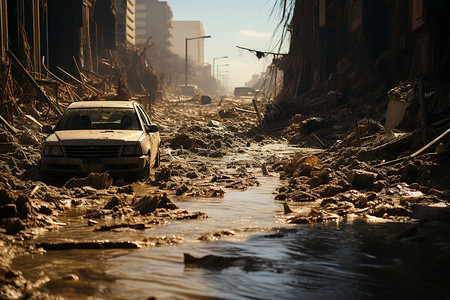 废墟战场废弃工厂中的汽车背景
