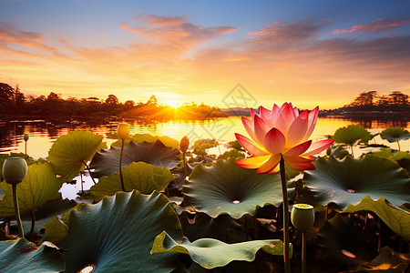 夏季池塘中绽放的荷花花朵背景图片