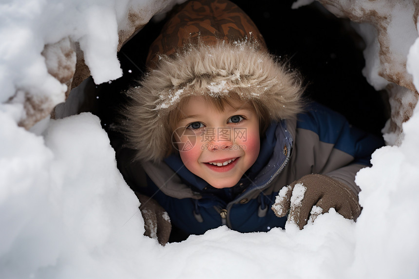 男孩在雪地玩耍图片