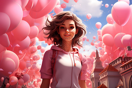 美女与粉色气球背景图片