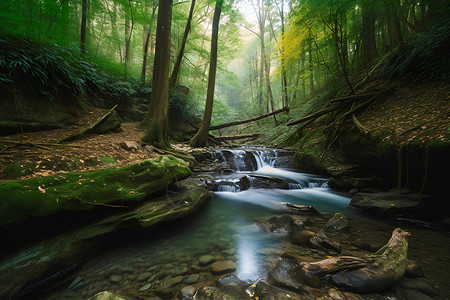 美丽的自然森林和溪水高清图片