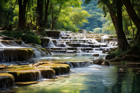 丛林小溪森林中的小瀑布背景