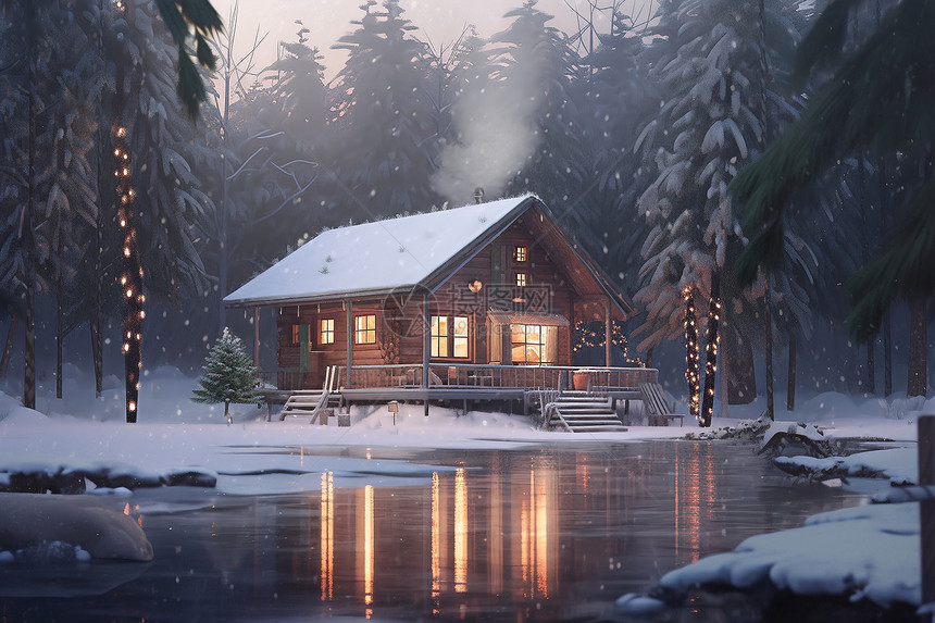雪中的温馨小屋图片