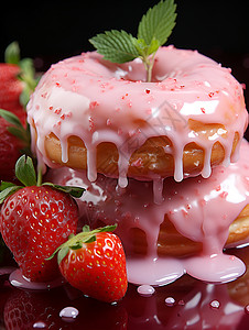 美味可口的草莓糖霜甜甜圈背景图片