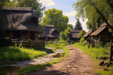 乡村道路上的农舍背景图片