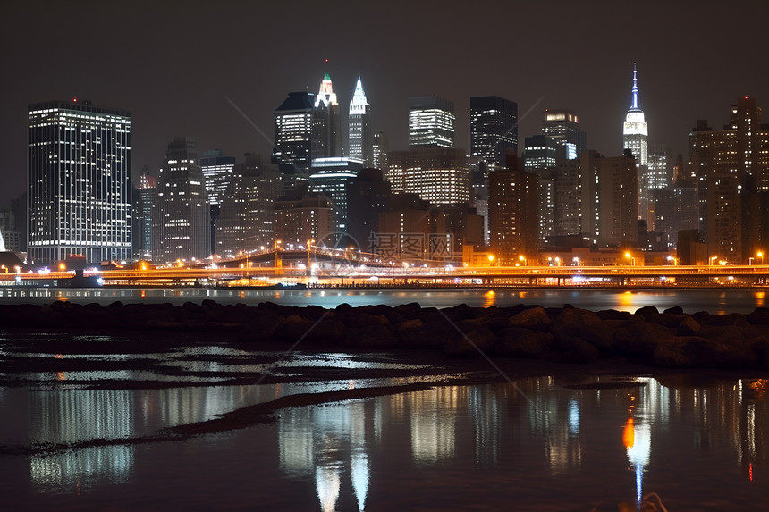城市天际线夜景中的桥梁图片