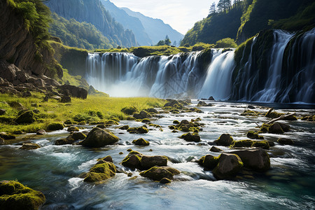 自然环境中的瀑布和溪水背景图片