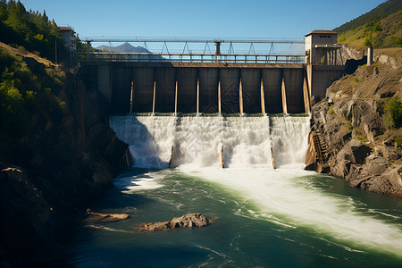 大坝上的瀑布和桥梁背景图片
