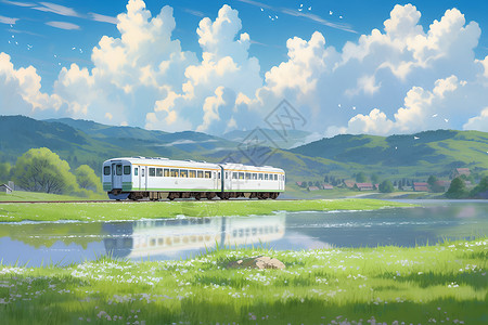 火车穿过绿色乡野背景图片