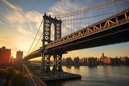 日出时一座城市的桥梁背景图片
