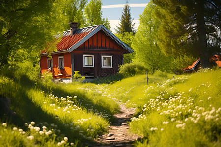 田园间静谧的小红屋背景图片