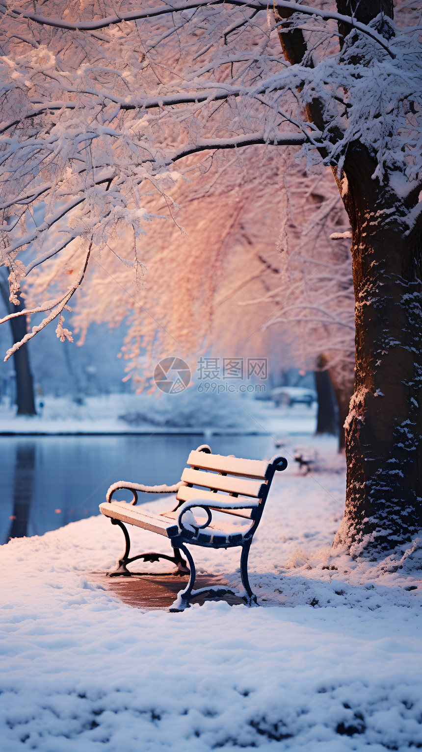 冬日寂静雪中长椅图片