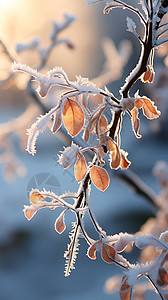 雪中树枝冬日晨霜中的细枝背景