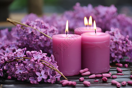 香薰烛光与紫色花朵高清图片