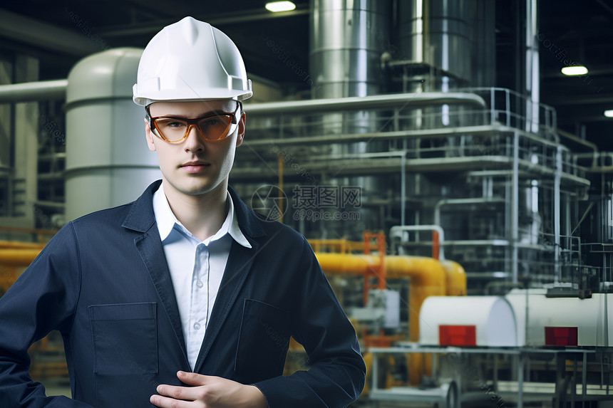 工厂中穿戴安全帽和眼镜的男子图片