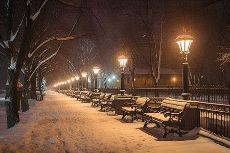 雪夜灯光下的一排长椅高清图片