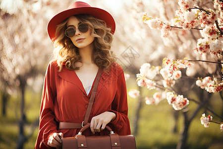 鲜花间的红裙美女背景图片