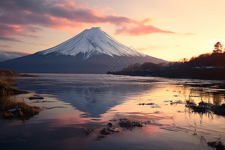 夕阳下富士山冬日夕阳下的冰封湖景背景