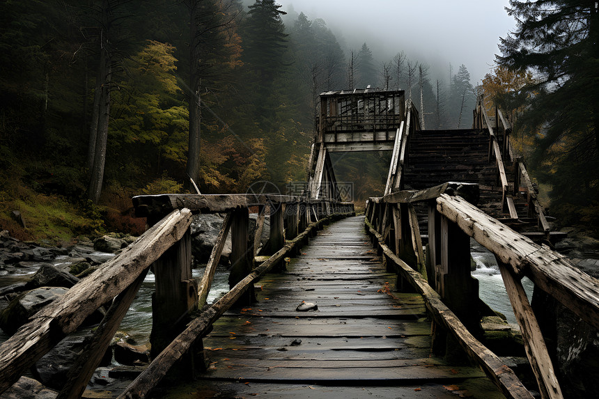 森林河流上的木桥图片