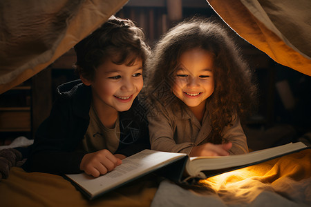 阅读中的男孩和女孩背景图片