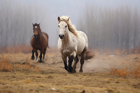 秋冬季两匹马在奔跑背景