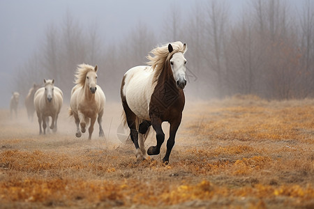 秋冬季奔跑的一群马背景