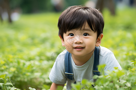 绿丛中的男孩背景图片