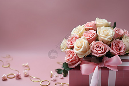 粉红色礼盒与玫瑰背景图片
