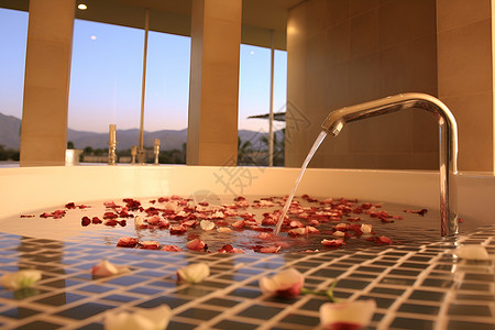 花瓣沐浴浴缸中的玫瑰花瓣背景