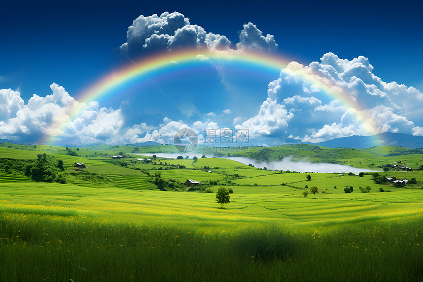 彩虹挂在蓝天白云中图片
