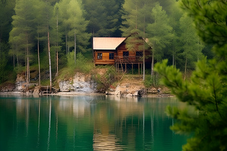 树林中的湖边小木屋高清图片