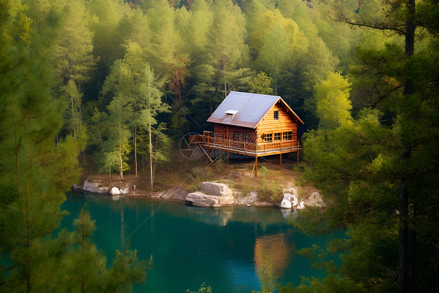 湖畔支起的小屋图片