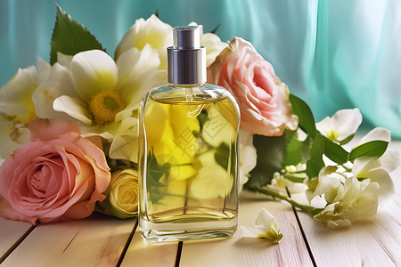 花束前的香水背景图片