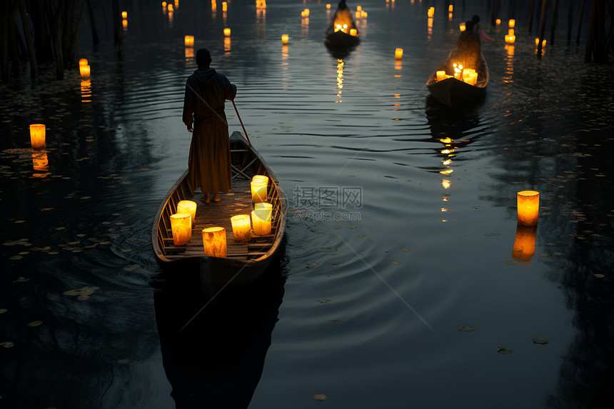 木船上的男人和烛灯图片