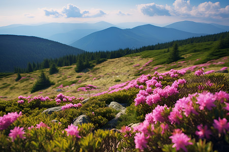 花海与山岳背景图片