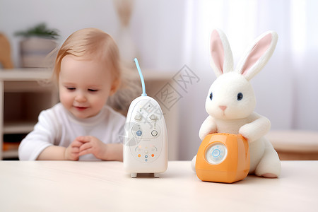 遥控玩具婴儿坐在桌子前背景