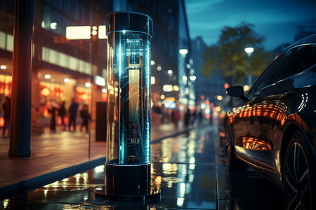 夜晚的车夜晚城市中的氢燃料电池车充电设计图片