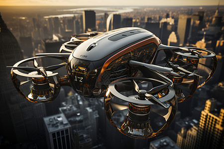 飞跃城市的氢气无人机背景图片