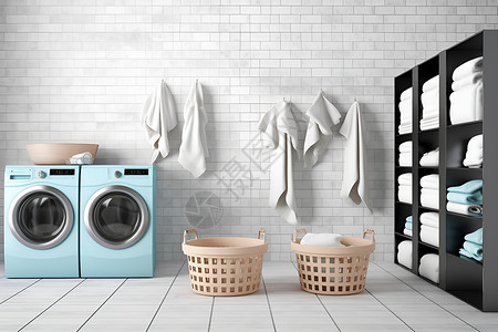 洗衣房洗衣机清新洗衣的现代洗衣房背景