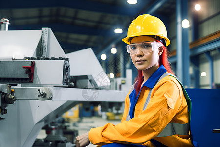 女工程师在工厂操作机器背景图片