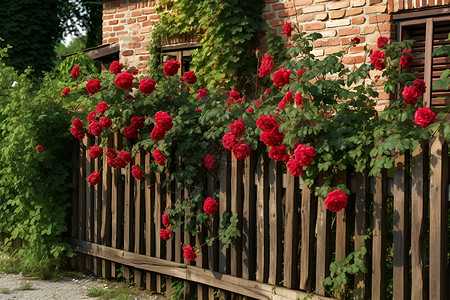 木栅栏墙后的玫瑰背景图片