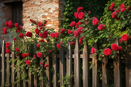玫瑰花与红墙背景图片
