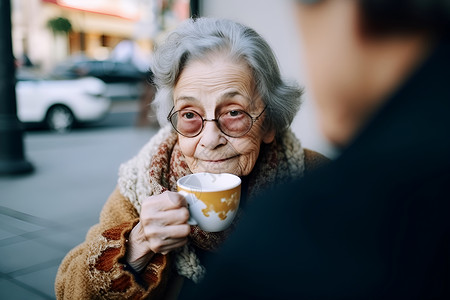 老年妇女拿着一杯咖啡背景图片