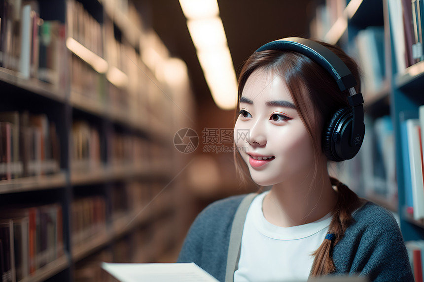 书架旁的女孩戴着耳机图片