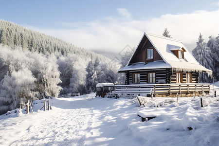 雪地里的小屋高清图片