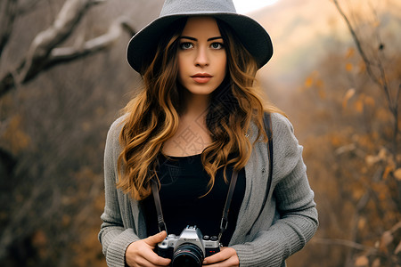 森林中拿相机的女人背景图片