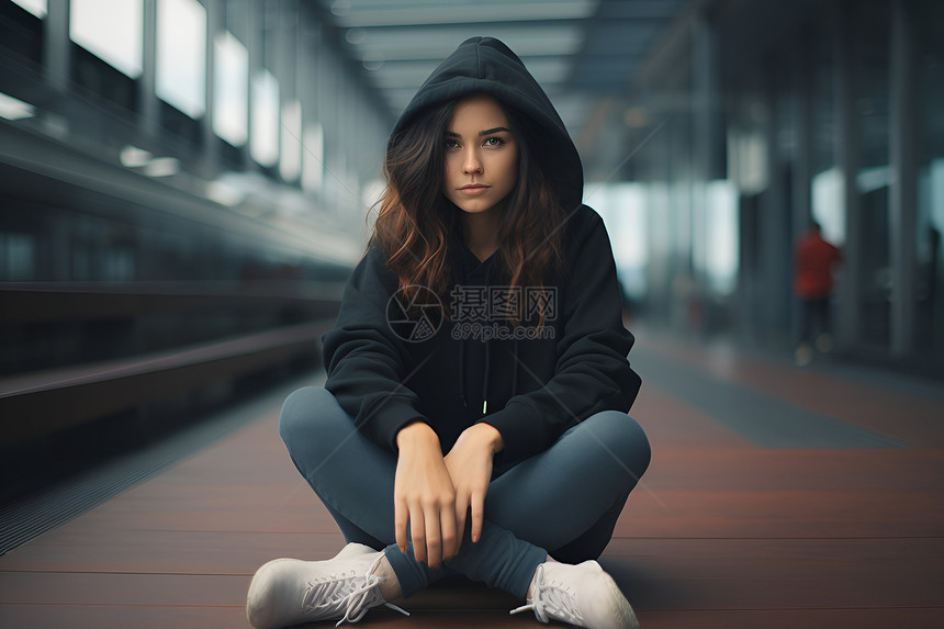 穿着连帽衫的女孩坐在火车站里图片